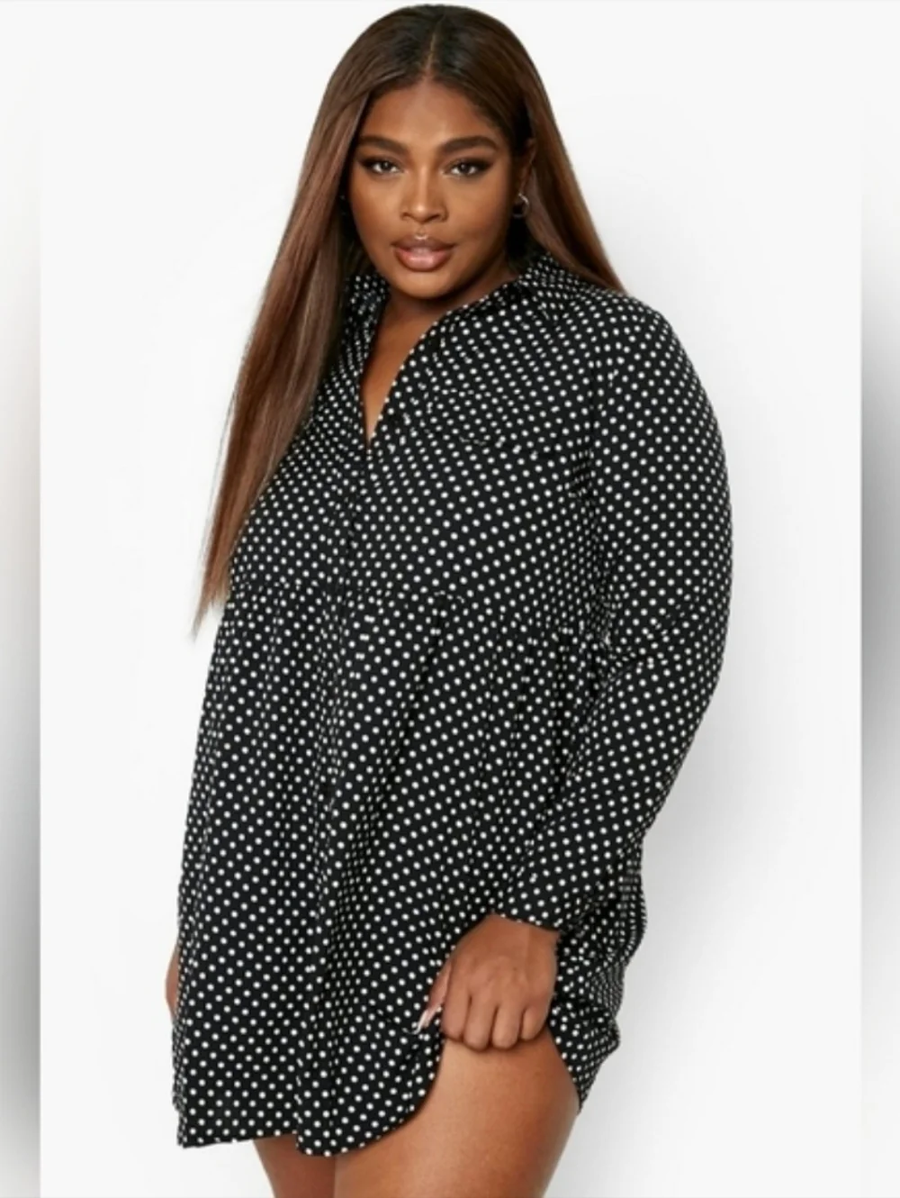 Boohoo Plus Size Black Polka Dot Long Sleeve Shirt Dress Size 22 - Picture 3 of 8